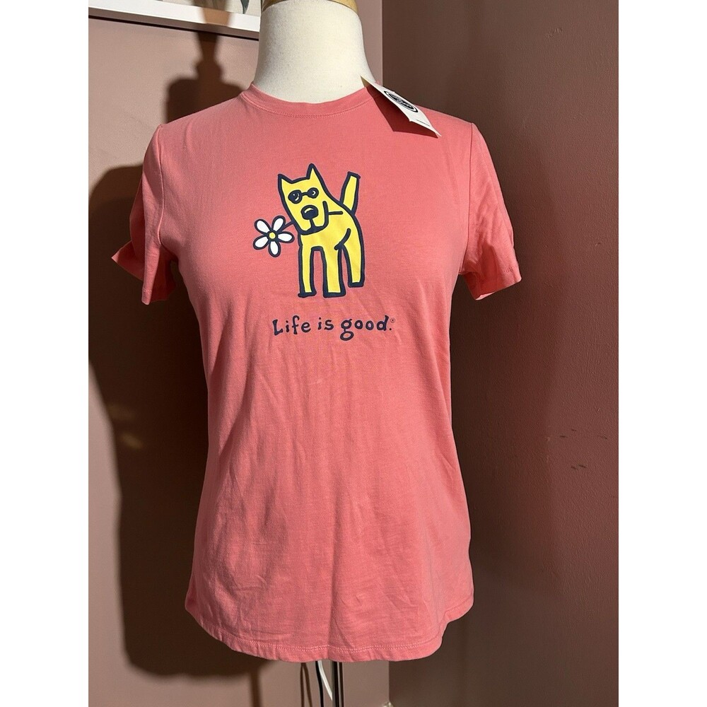Life Is Good Crusher Tee Womens Size Small Pink Cotton Dog Flower New